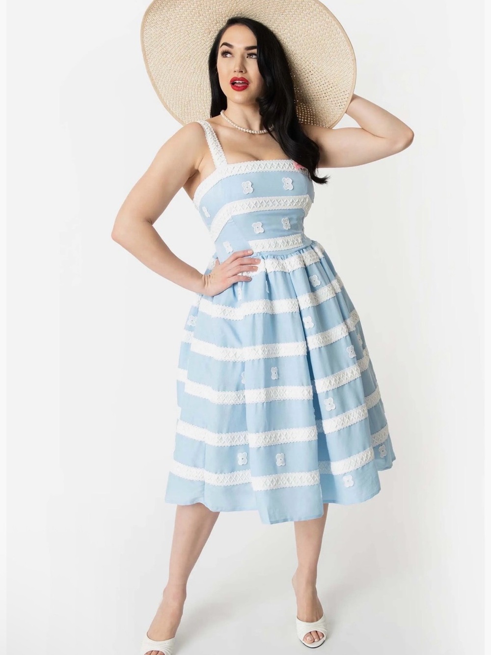 Unique Vintage x Barbie Blue and White Stripe 60s Swing Dress